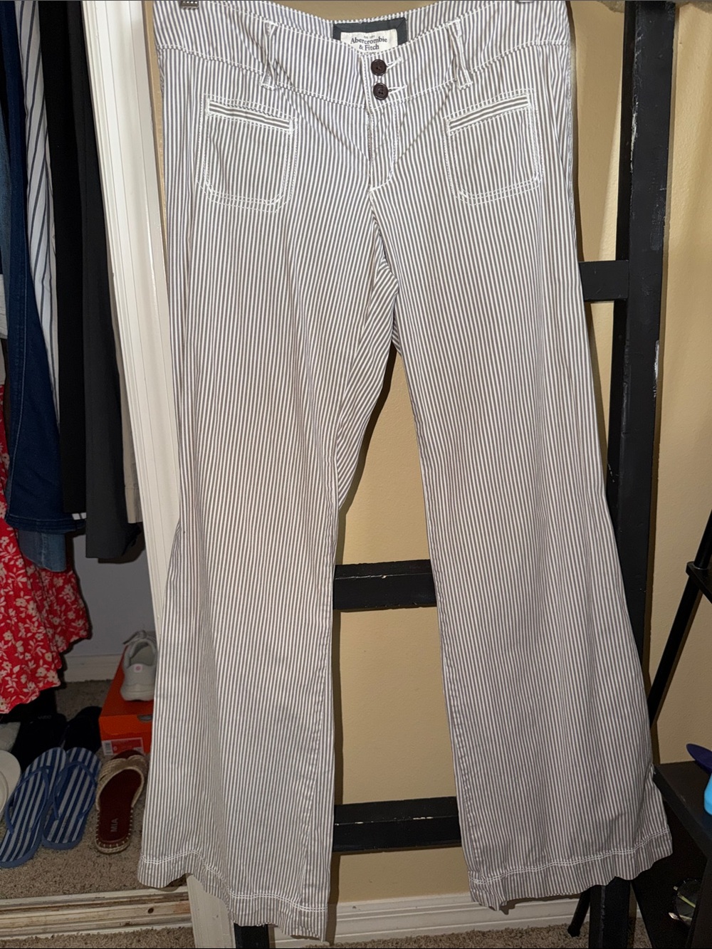 Abercrombie & Fitch White and Gray Pinstripe Wide-Leg Jeans